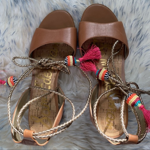 Sam Edelman Women’s Brown Block Heel Beaded Sandals Size 7 Beaded Tassel - Picture 16 of 16